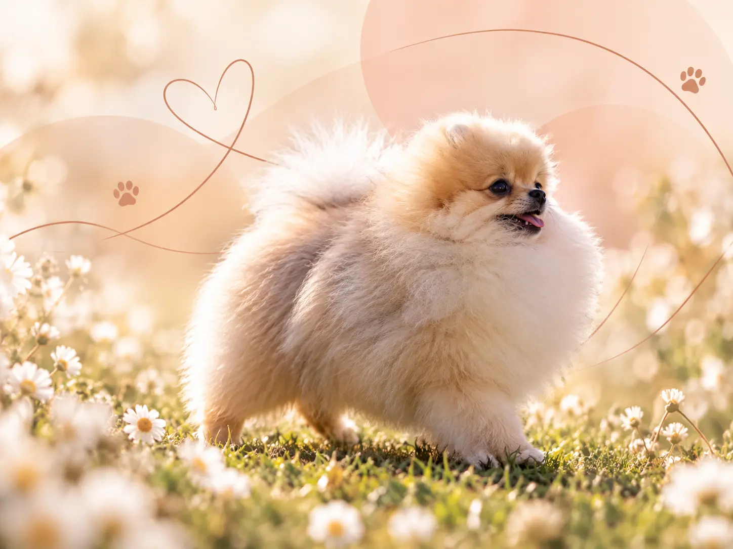A Pomeranian standing proudly in a field of tall grass and flowers